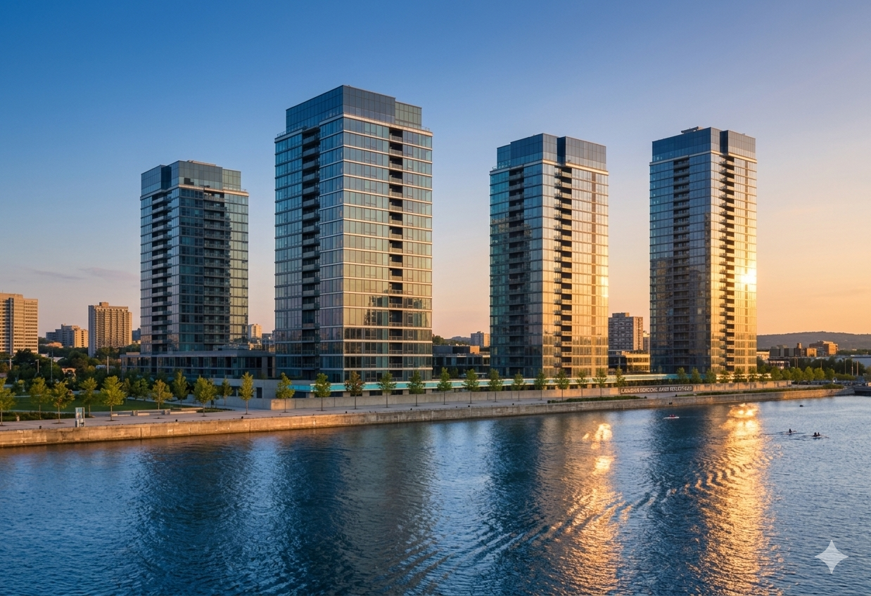 Modern Canadian glass condominium towers rising above a landscaped urban plaza at sunrise